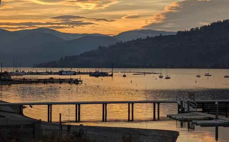 Golden sunset over the docks on Okanagan Lake in Vernon